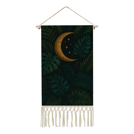 Celestial Jungle Boho Wall Hanging | Linen & Wood Banner with Fringe | Maximalist Moon & Botanical Art