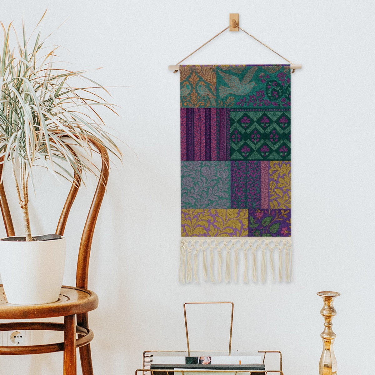 Boho Maximalist Cotton & Linen Wall Hanging – Eclectic Patchwork Tapestry