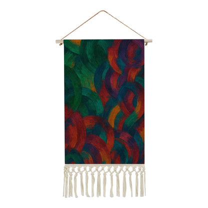 Abstract Jewel Tone Boho Wall Hanging | Vibrant Cotton Linen Banner with Fringe | Maximalist Painterly Art Print