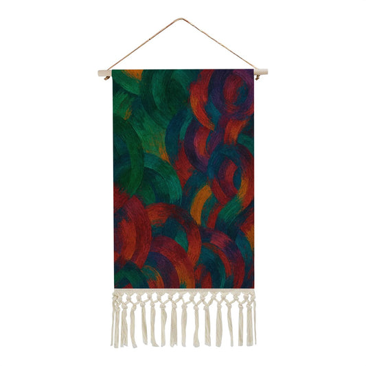 Abstract Jewel Tone Boho Wall Hanging | Vibrant Cotton Linen Banner with Fringe | Maximalist Painterly Art Print