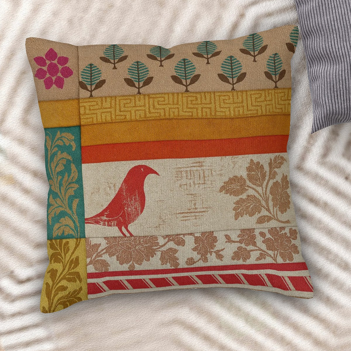 🕊️ Boho Songbird Corduroy Pillow – Nature-Inspired Comfort with Insert Included