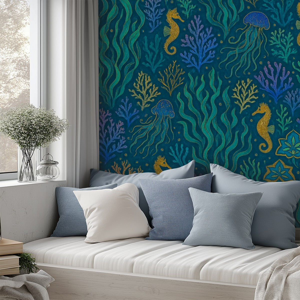 Underwater Seahorses & Coral Peel & Stick Wallpaper – 60"x50" (PVC, Waterproof, Easy Install)