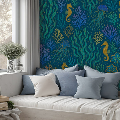 Underwater Seahorses & Coral Peel & Stick Wallpaper – 60"x50" (PVC, Waterproof, Easy Install)