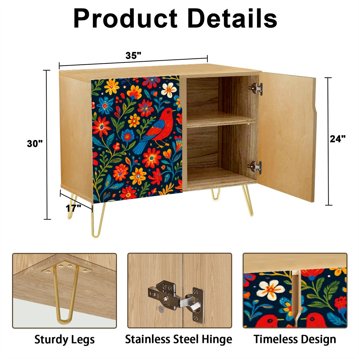 🌺 Viva Color Sideboard – 2-Door Boho Cabinet with Otomi-Inspired Folk Art Design (35")