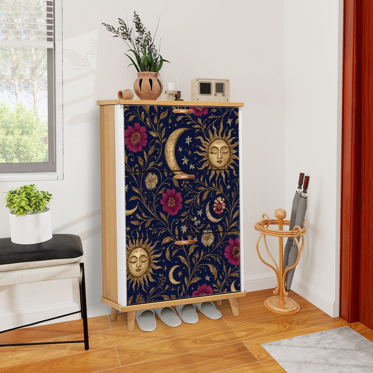 🌙 Celestial Bloom Flip-Door Shoe Cabinet – 3-Tier Boho Sun &amp; Moon Organizer
