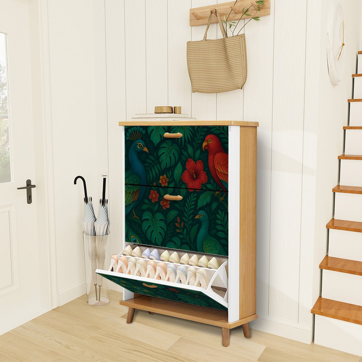 🍃 Tropical Bloom Flip-Door Shoe Cabinet – 3-Tier Boho Jungle Vibes Organizer