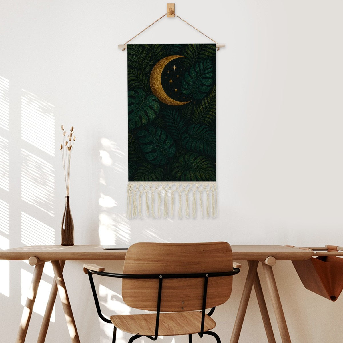 Celestial Jungle Boho Wall Hanging | Linen & Wood Banner with Fringe | Maximalist Moon & Botanical Art