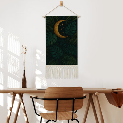 Celestial Jungle Boho Wall Hanging | Linen & Wood Banner with Fringe | Maximalist Moon & Botanical Art