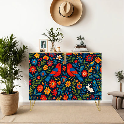 🌺 Viva Color Sideboard – 2-Door Boho Cabinet with Otomi-Inspired Folk Art Design (35")
