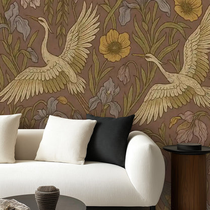 Vintage Cranes & Wildflowers Peel & Stick Wallpaper – 60"x50" (PVC, Waterproof, Easy Install)