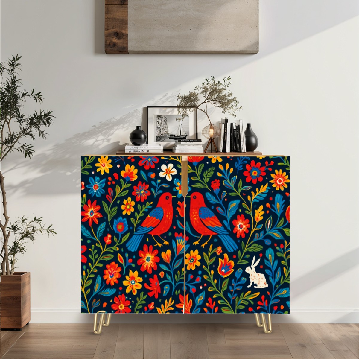 🌺 Viva Color Sideboard – 2-Door Boho Cabinet with Otomi-Inspired Folk Art Design (35")