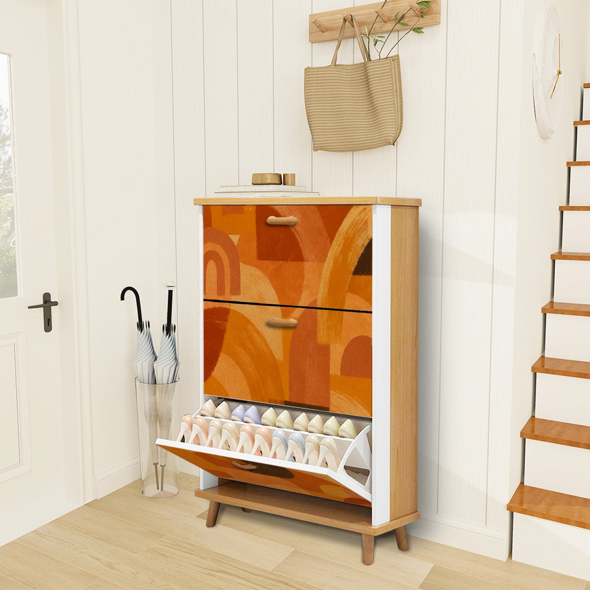 🧡 Sundown Swirl Flip-Door Shoe Cabinet – 3-Tier Boho Retro Sunset Storage