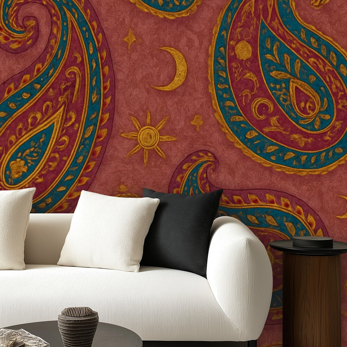 Boho Paisley Sun & Moon Peel & Stick Wallpaper – 60"x50" (PVC, Waterproof, Easy Install)