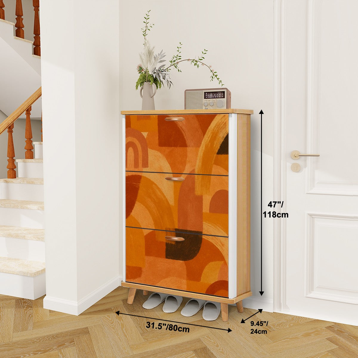 🧡 Sundown Swirl Flip-Door Shoe Cabinet – 3-Tier Boho Retro Sunset Storage