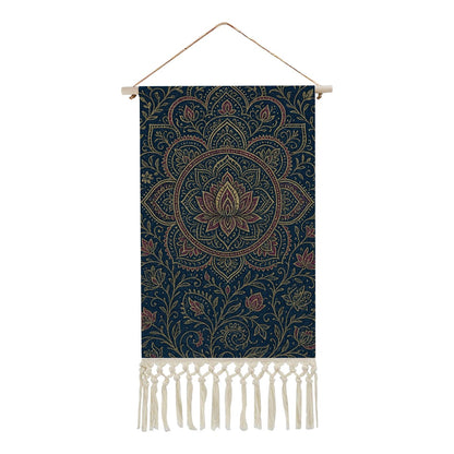 Indigo Lotus Mandala Boho Wall Hanging | Cotton Linen Banner with Fringe | Maximalist Spiritual Decor