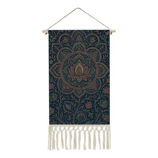 Indigo Lotus Mandala Boho Wall Hanging | Cotton Linen Banner with Fringe | Maximalist Spiritual Decor
