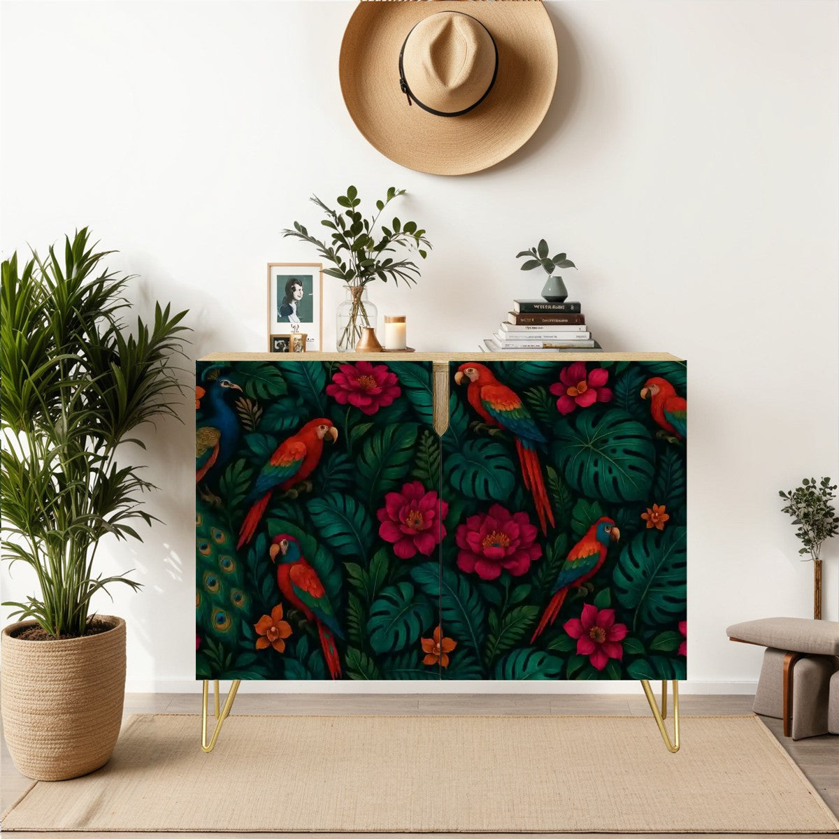 🦜 Jungle Muse Sideboard – 2-Door Boho Cabinet with Tropical Parrot &amp; Floral Print (35")