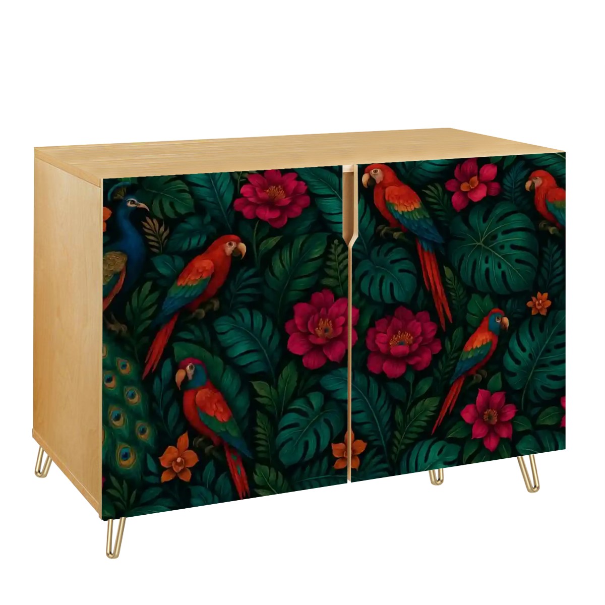🦜 Jungle Muse Sideboard – 2-Door Boho Cabinet with Tropical Parrot &amp; Floral Print (35")
