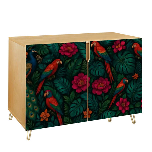 🦜 Jungle Muse Sideboard – 2-Door Boho Cabinet with Tropical Parrot &amp; Floral Print (35")