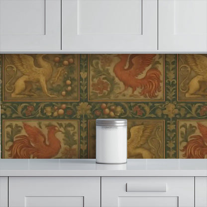 Medieval Mythical Birds Peel & Stick Wallpaper – 60"x50" (PVC, Waterproof, Easy Install)