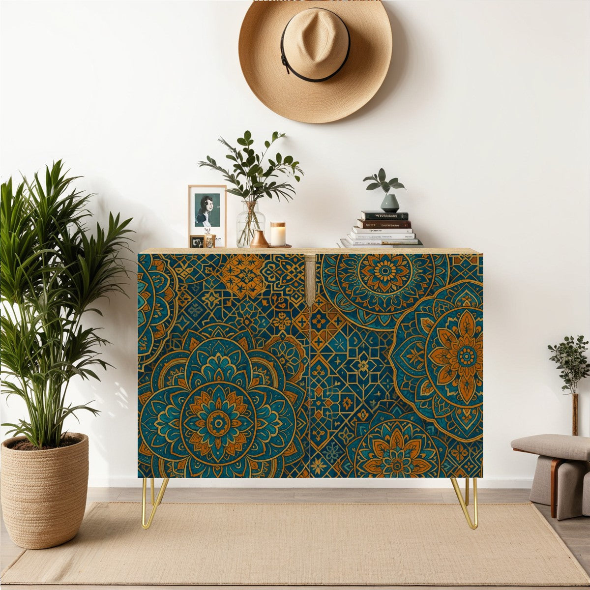 🌀 Boho Mandala Mirage Sideboard – 2-Door Cabinet with Leather-Textured Floral Tile Design (35")