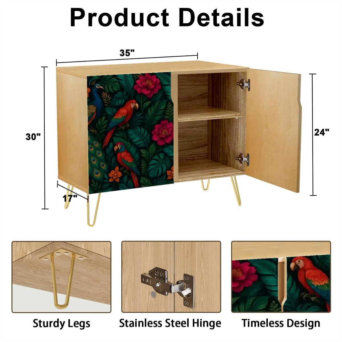 🦜 Jungle Muse Sideboard – 2-Door Boho Cabinet with Tropical Parrot &amp; Floral Print (35")