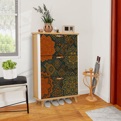 🧡 Desert Mandala Flip-Door Shoe Cabinet – 3-Tier Boho Storage with Earthy Geometric Print