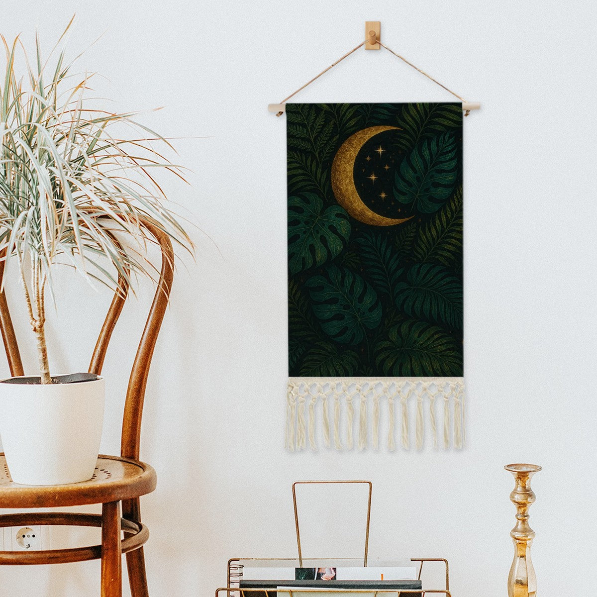 Celestial Jungle Boho Wall Hanging | Linen & Wood Banner with Fringe | Maximalist Moon & Botanical Art
