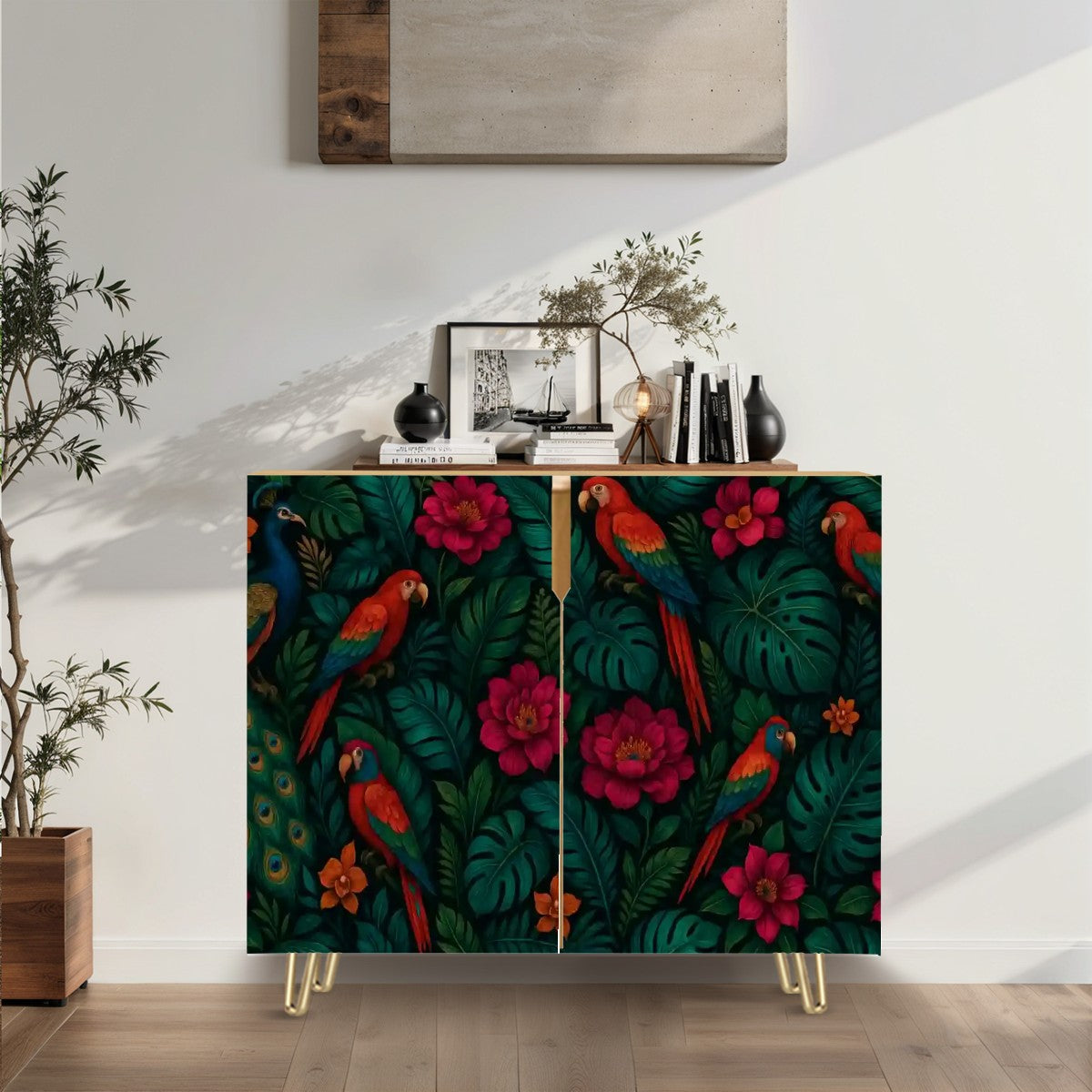 🦜 Jungle Muse Sideboard – 2-Door Boho Cabinet with Tropical Parrot &amp; Floral Print (35")
