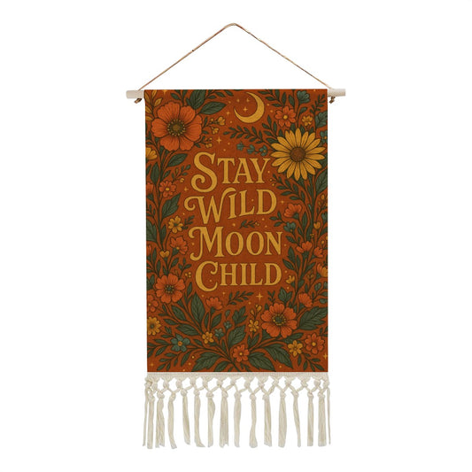 Boho Maximalist Cotton & Linen Wall Hanging – "Stay Wild Moon Child" Tapestry