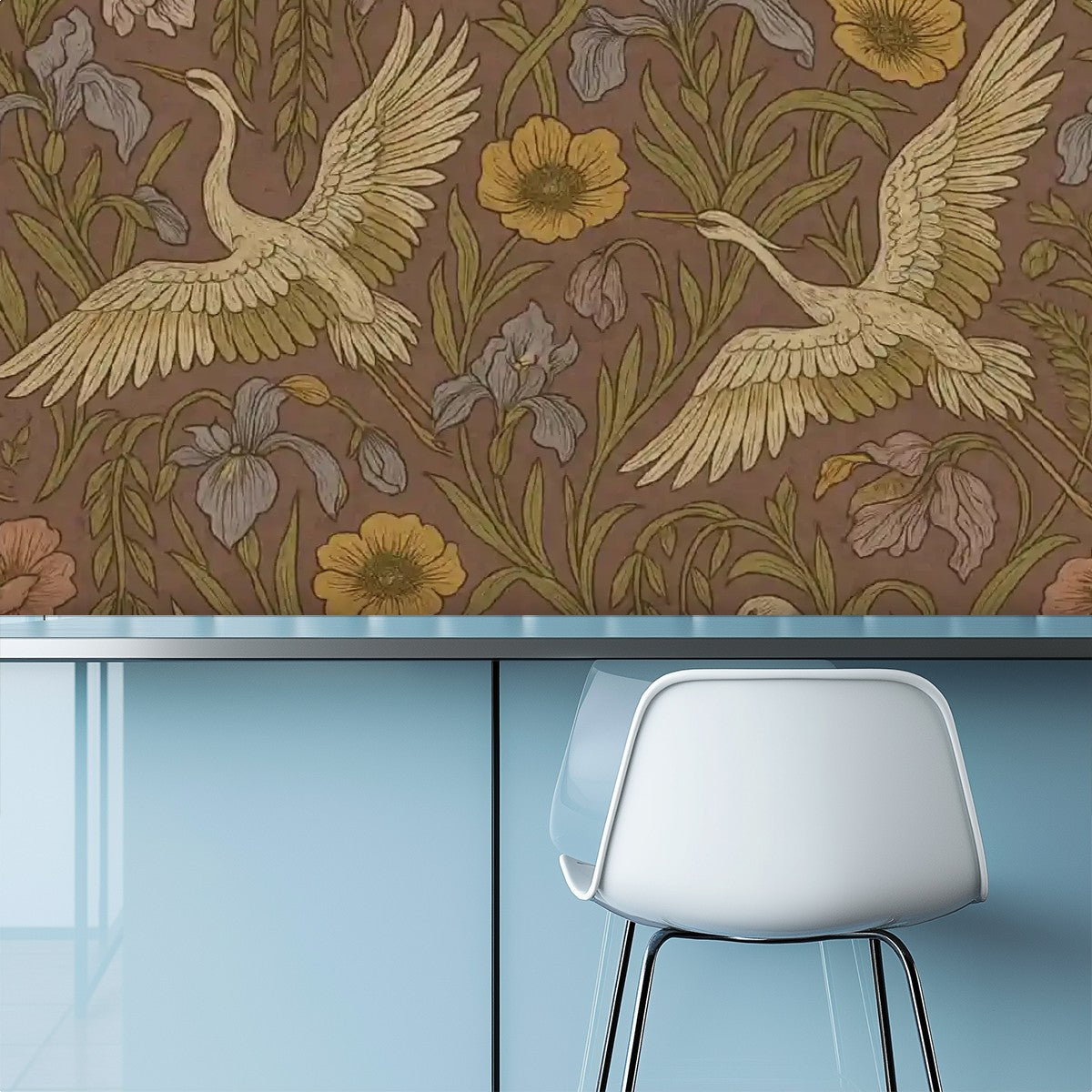 Vintage Cranes & Wildflowers Peel & Stick Wallpaper – 60"x50" (PVC, Waterproof, Easy Install)