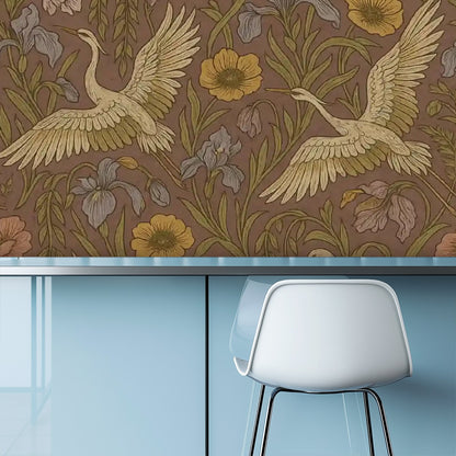 Vintage Cranes & Wildflowers Peel & Stick Wallpaper – 60"x50" (PVC, Waterproof, Easy Install)