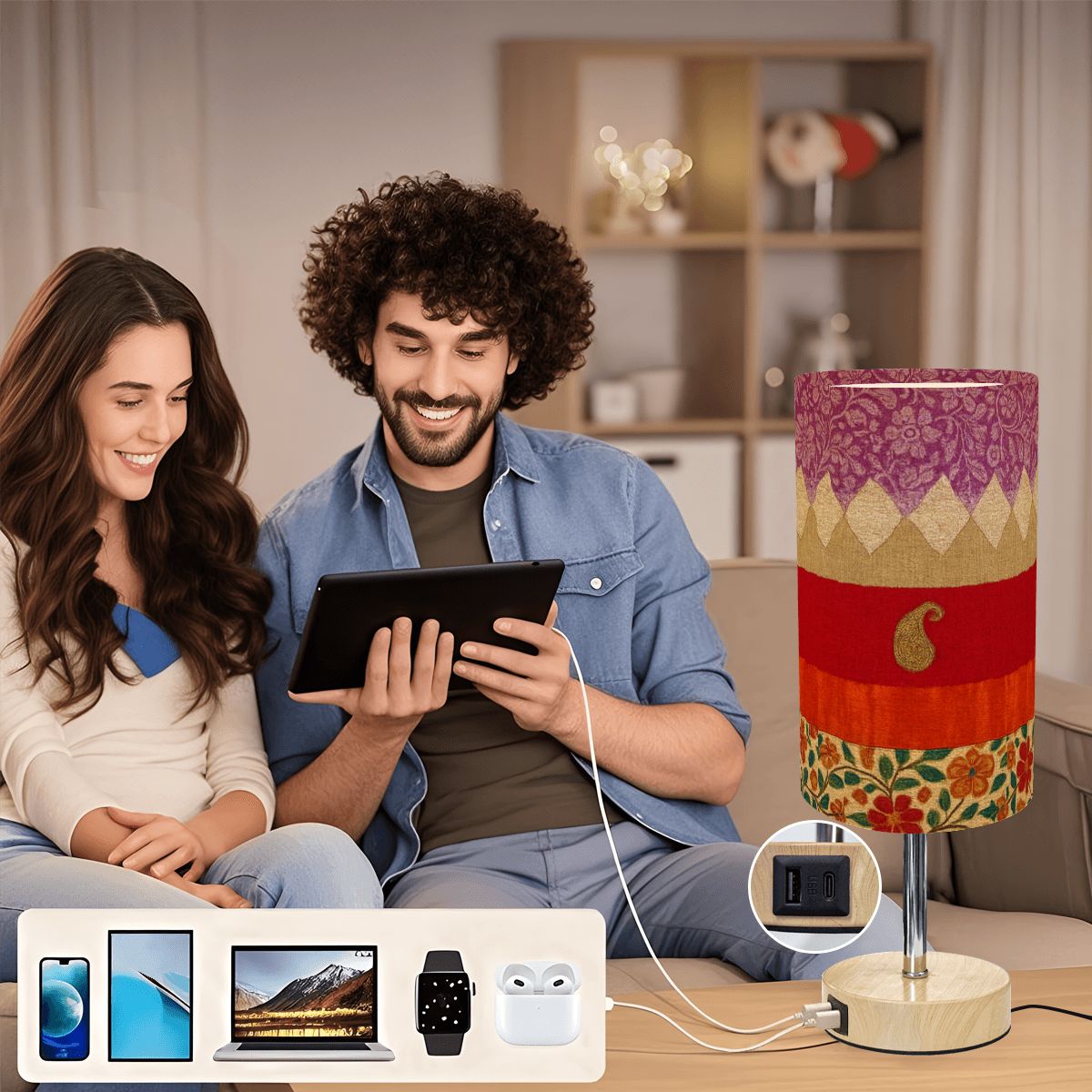 Boho Festival Touch Lamp – Vibrant Patchwork with USB Charging