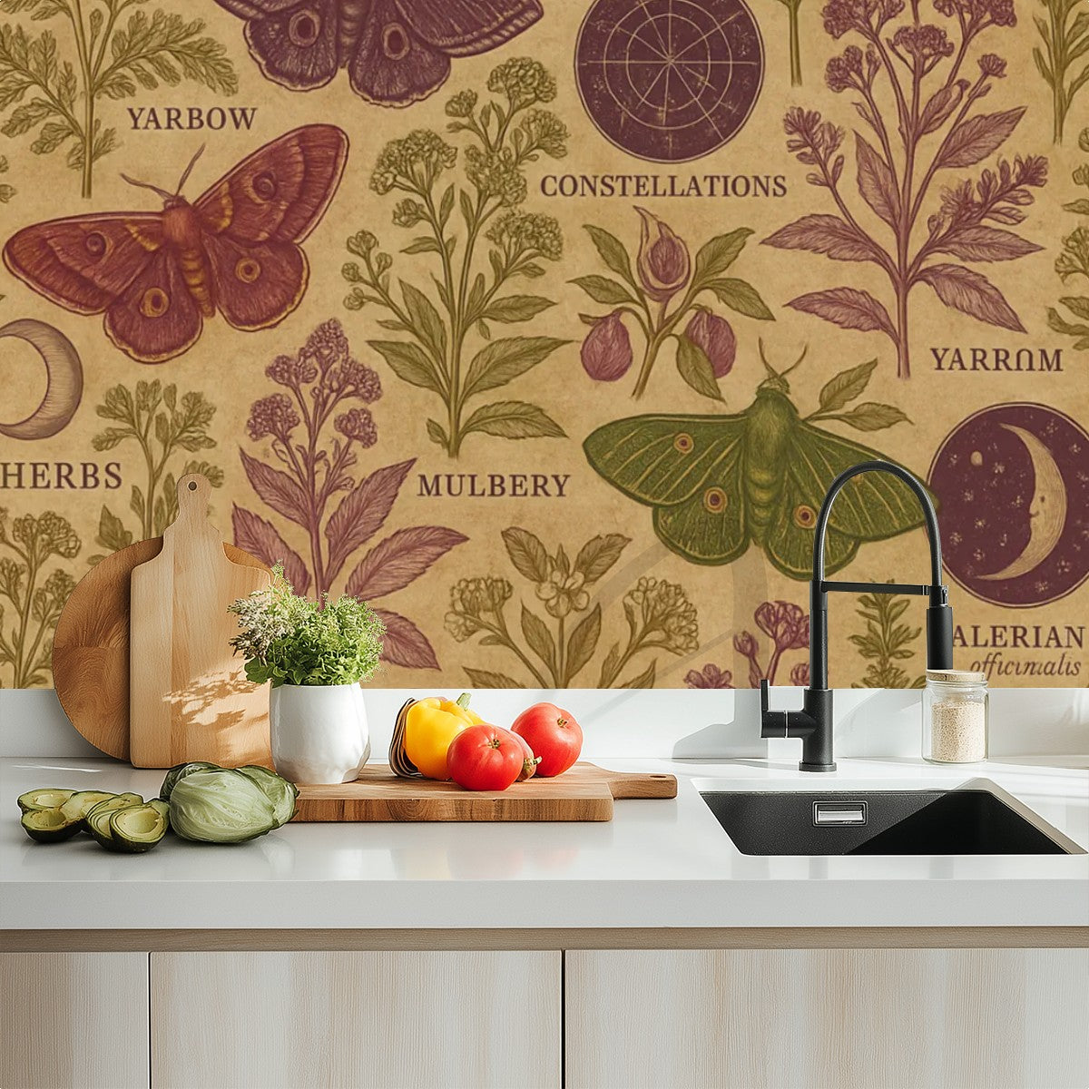Vintage Moth & Botanical Peel & Stick Wallpaper – 60"x50" (PVC, Waterproof, Easy Install)
