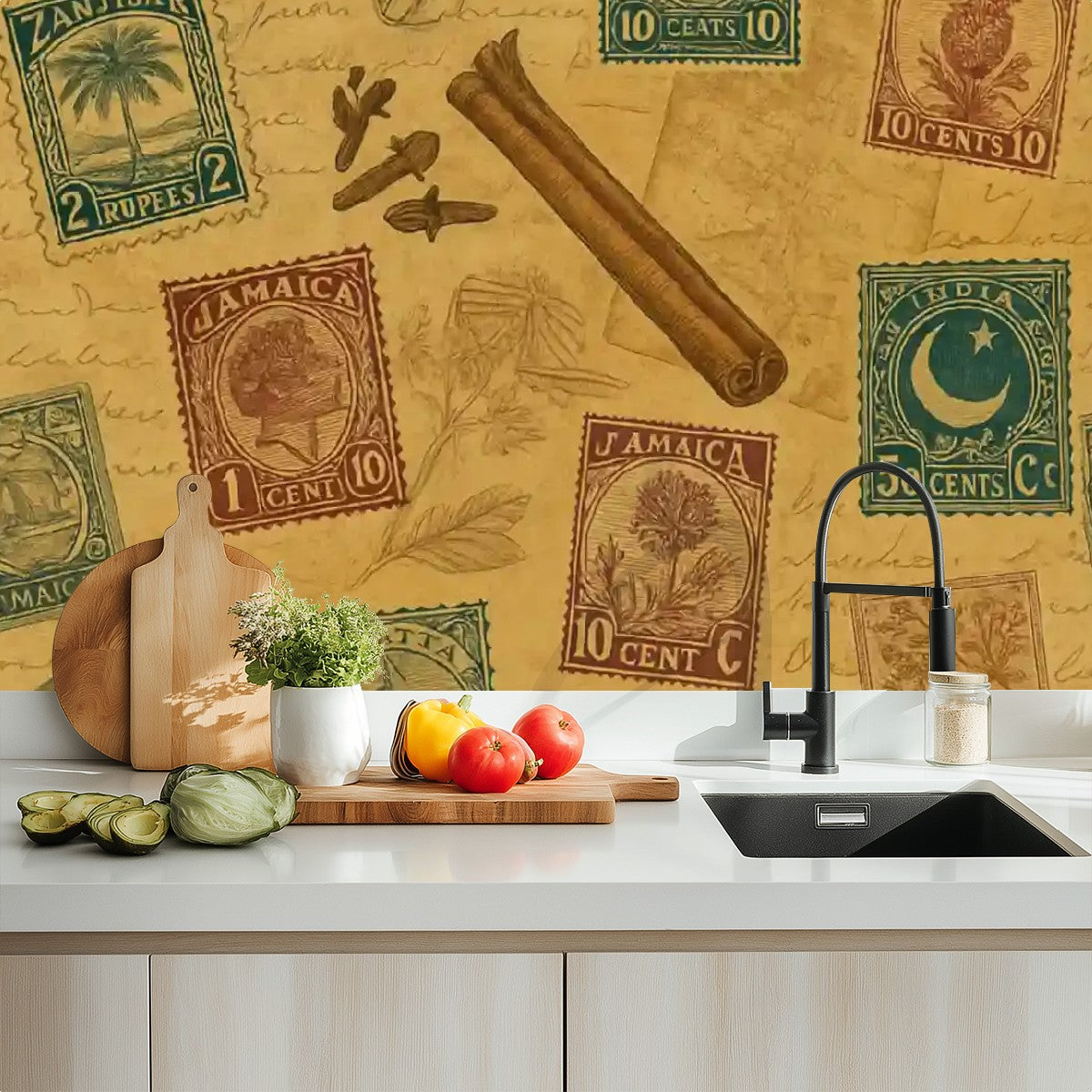 Vintage Postage Stamps & Spices Peel & Stick Wallpaper – 60"x50" (PVC, Waterproof, Easy Install)