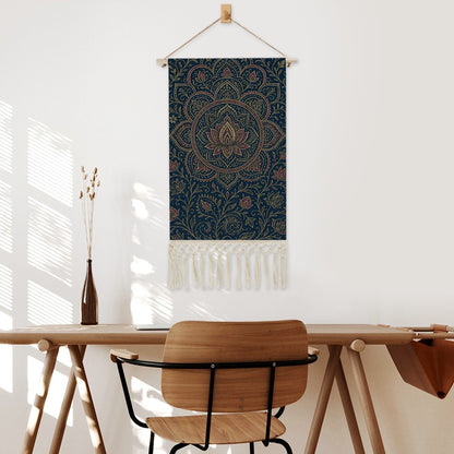 Indigo Lotus Mandala Boho Wall Hanging | Cotton Linen Banner with Fringe | Maximalist Spiritual Decor
