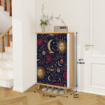 🌙 Celestial Bloom Flip-Door Shoe Cabinet – 3-Tier Boho Sun &amp; Moon Organizer