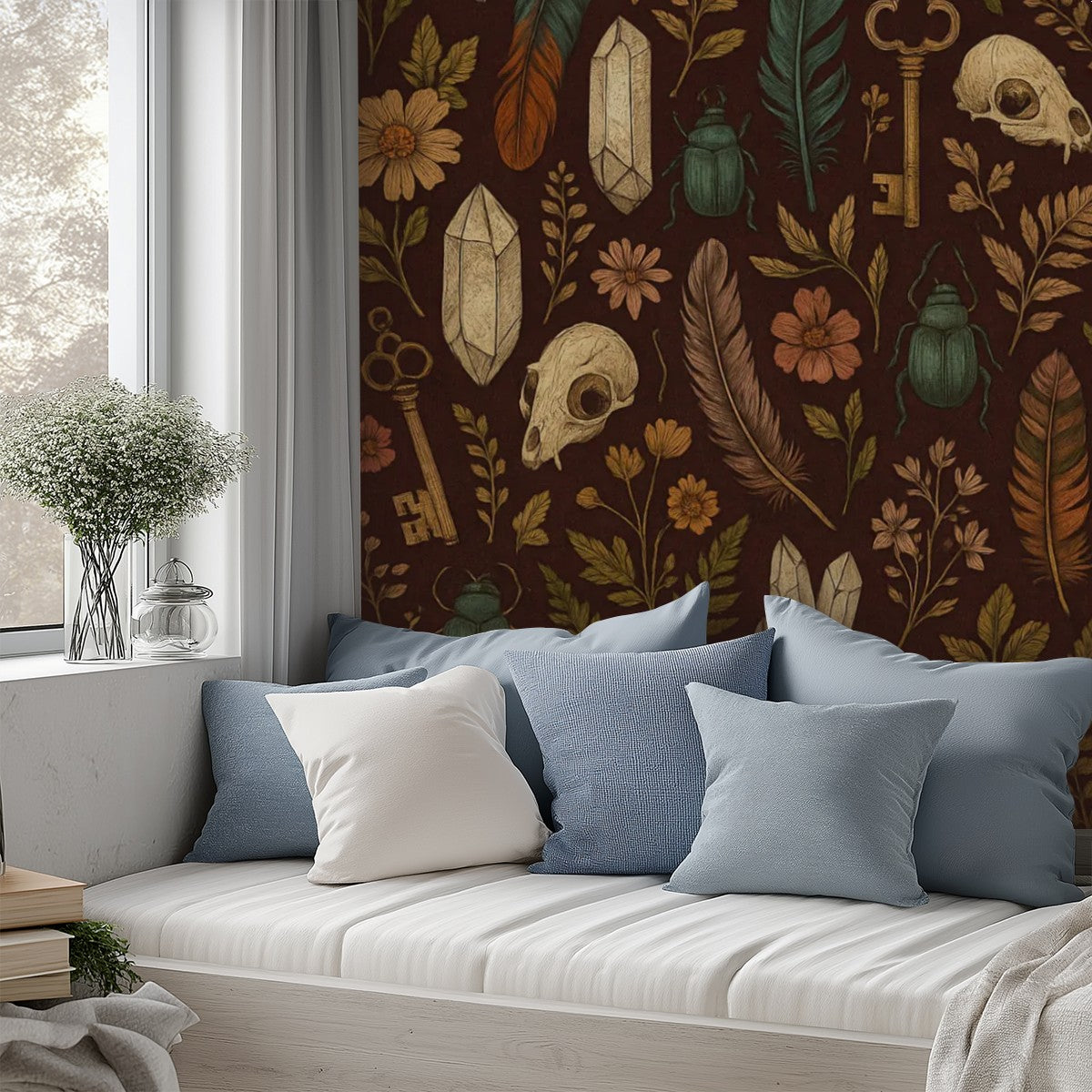 Mystical Feathers & Forest Skulls Peel & Stick Wallpaper – 60"x50" (PVC, Waterproof, Easy Install)