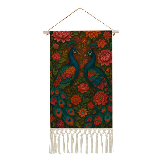 Boho Maximalist Cotton & Linen Wall Hanging – Vibrant Peacock & Floral Tapestry