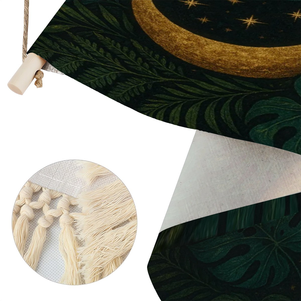 Celestial Jungle Boho Wall Hanging | Linen & Wood Banner with Fringe | Maximalist Moon & Botanical Art