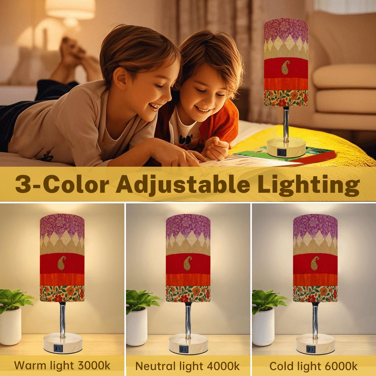 Boho Festival Touch Lamp – Vibrant Patchwork with USB Charging
