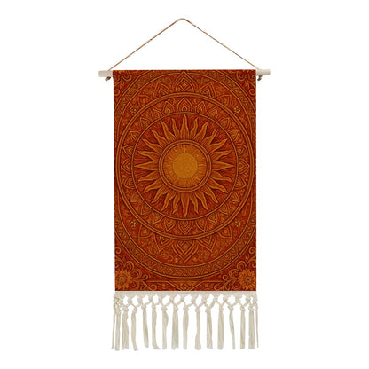 Radiant Sun Mandala Boho Wall Hanging | Warm Terracotta Linen Banner with Fringe | Maximalist Spiritual Art
