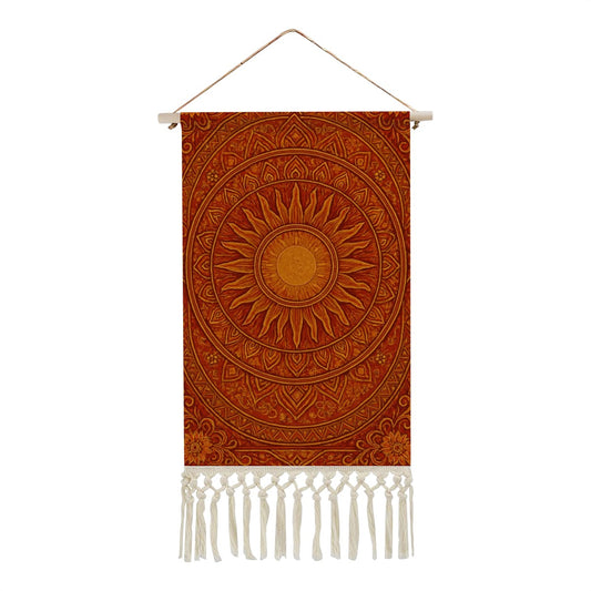 Radiant Sun Mandala Boho Wall Hanging | Warm Terracotta Linen Banner with Fringe | Maximalist Spiritual Art
