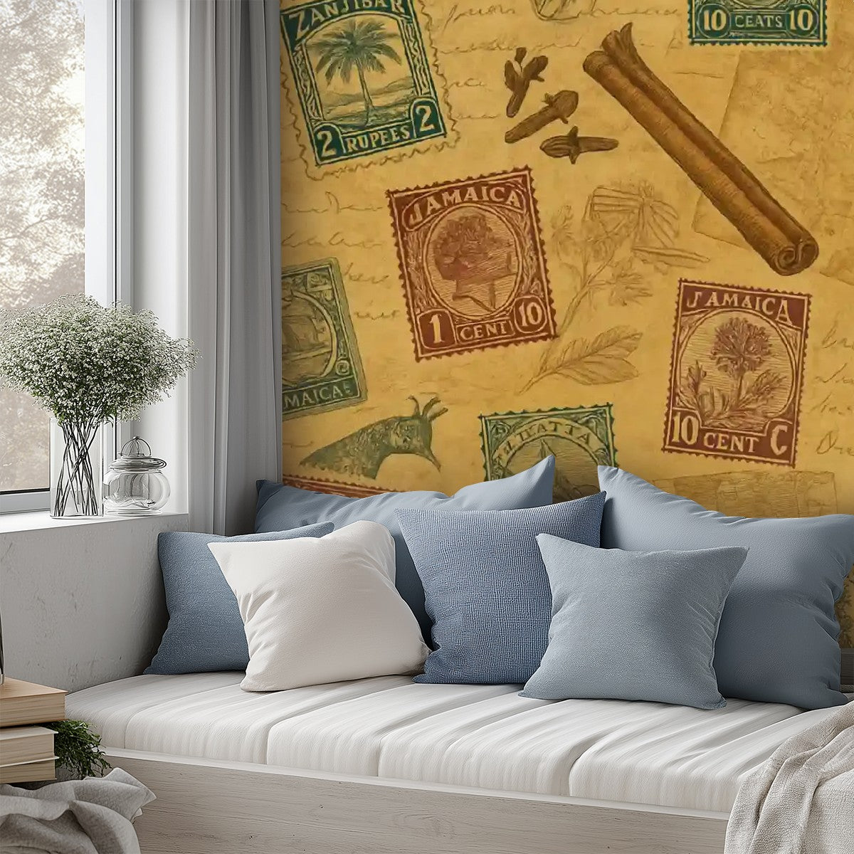 Vintage Postage Stamps & Spices Peel & Stick Wallpaper – 60"x50" (PVC, Waterproof, Easy Install)