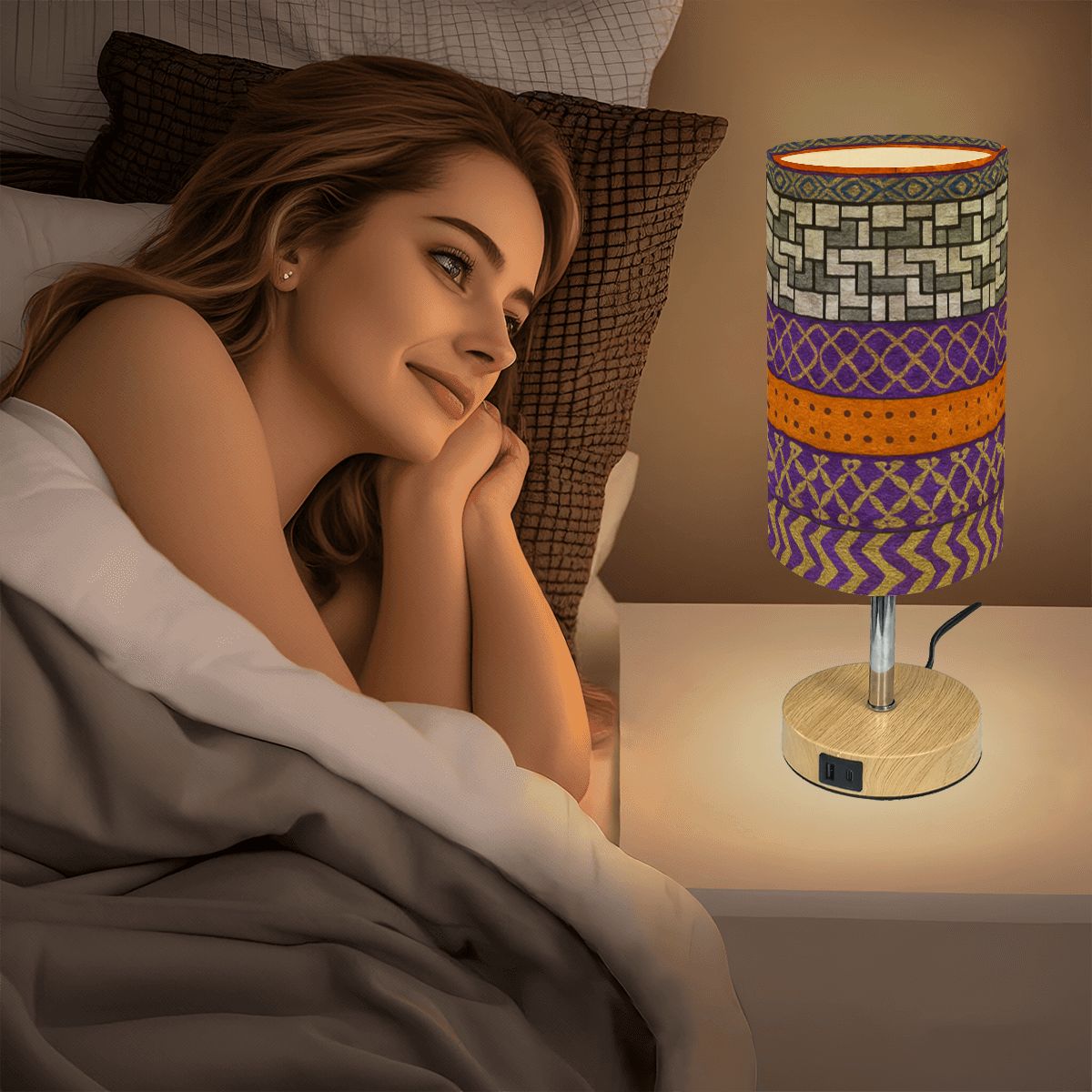 Desert Loom Touch Lamp – Boho Woven Print with USB Charging