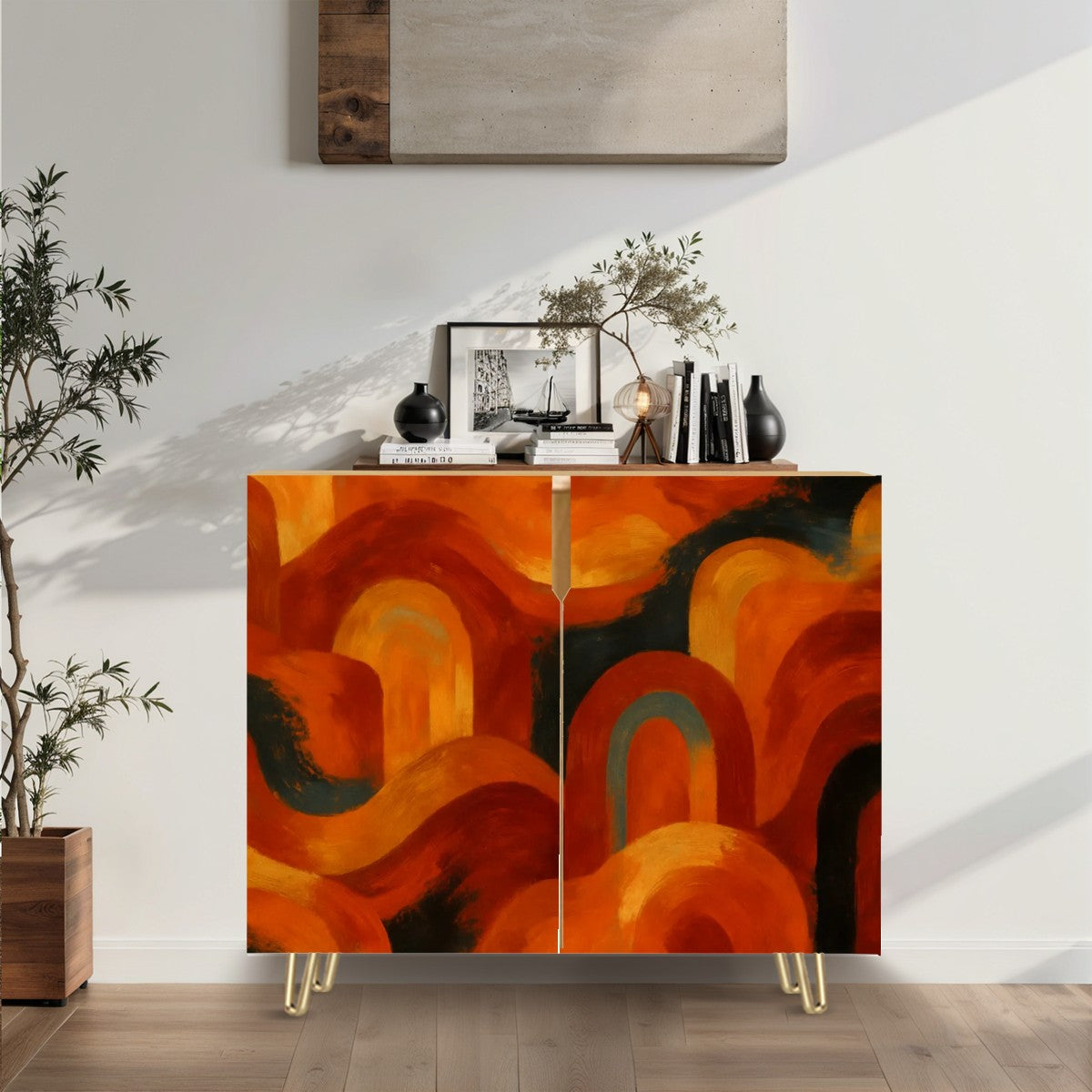 🌈 Retro Horizon Sideboard – 2-Door Boho Cabinet with Sunset Arch Leather Texture (35")