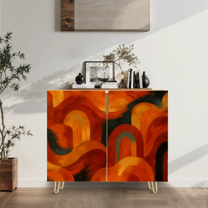 🌈 Retro Horizon Sideboard – 2-Door Boho Cabinet with Sunset Arch Leather Texture (35")