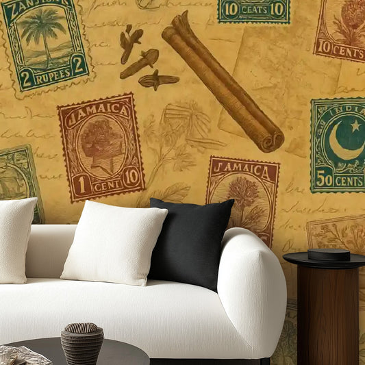Vintage Postage Stamps & Spices Peel & Stick Wallpaper – 60"x50" (PVC, Waterproof, Easy Install)