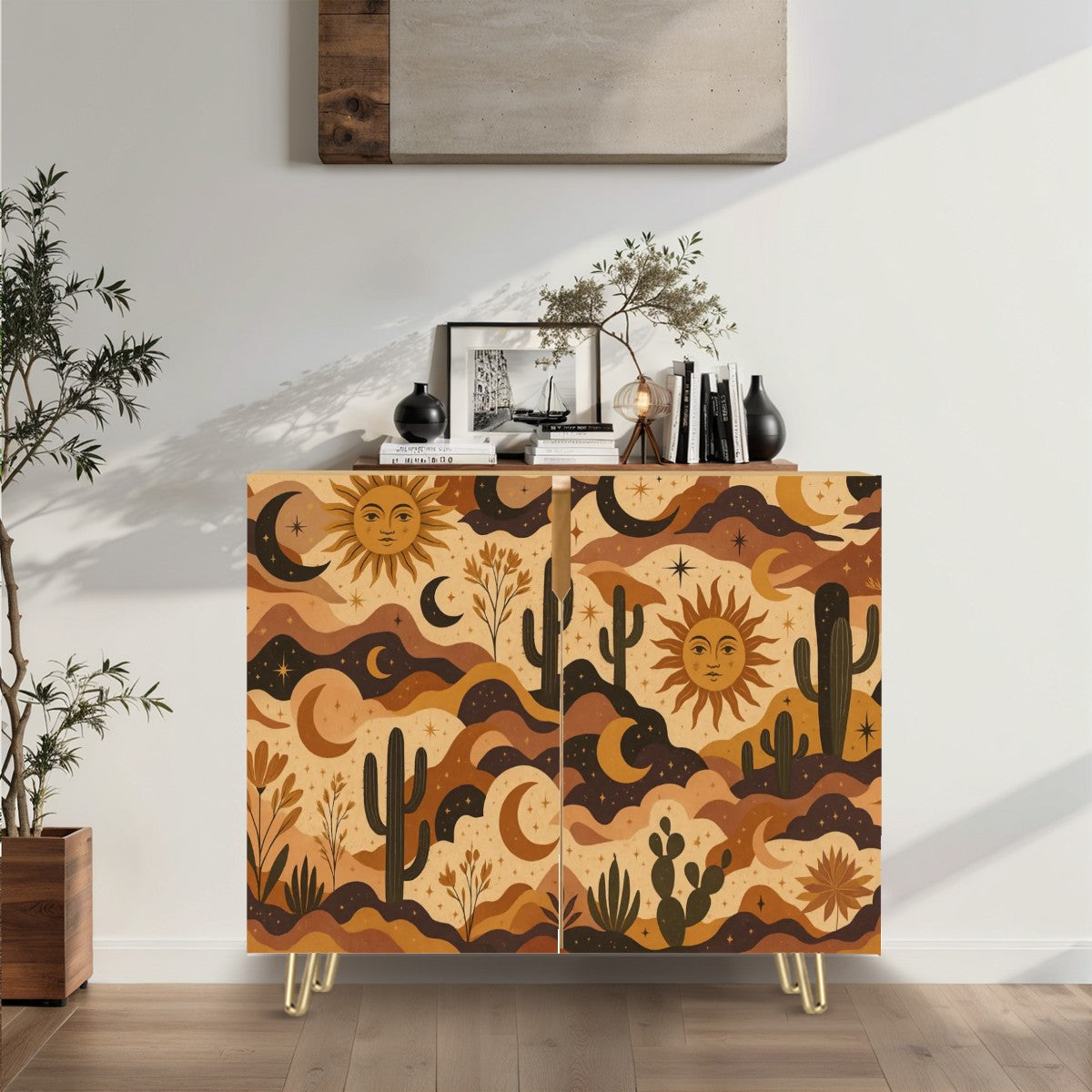 🌵 Desert Sol Sideboard – 2-Door Boho Cabinet with Sun &amp; Cactus Leather Texture (35")