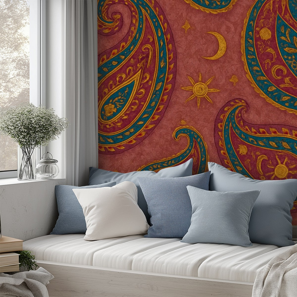Boho Paisley Sun & Moon Peel & Stick Wallpaper – 60"x50" (PVC, Waterproof, Easy Install)